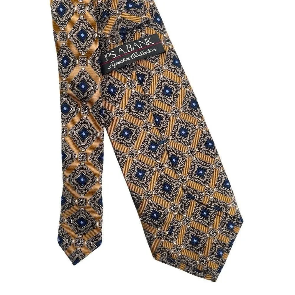 Jos A Bank Signature Collection 100% Silk Gold Blue Medallion Geometric Tie
